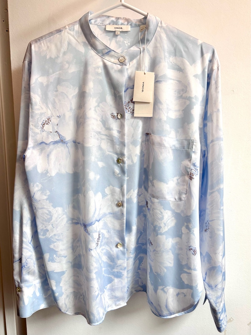 Vince Pale Blue Floral Mandarain Collar Button-Down Shirt